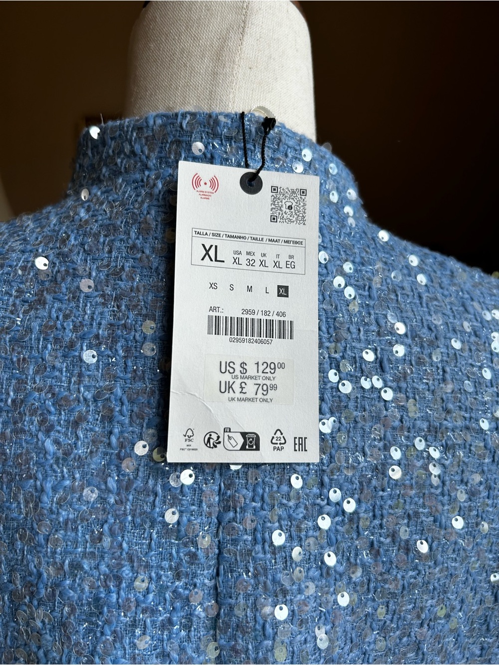 NWT Zara Periwinkle Blue Sequined Tweed Lady Jacket XL - Picture 6 of 14